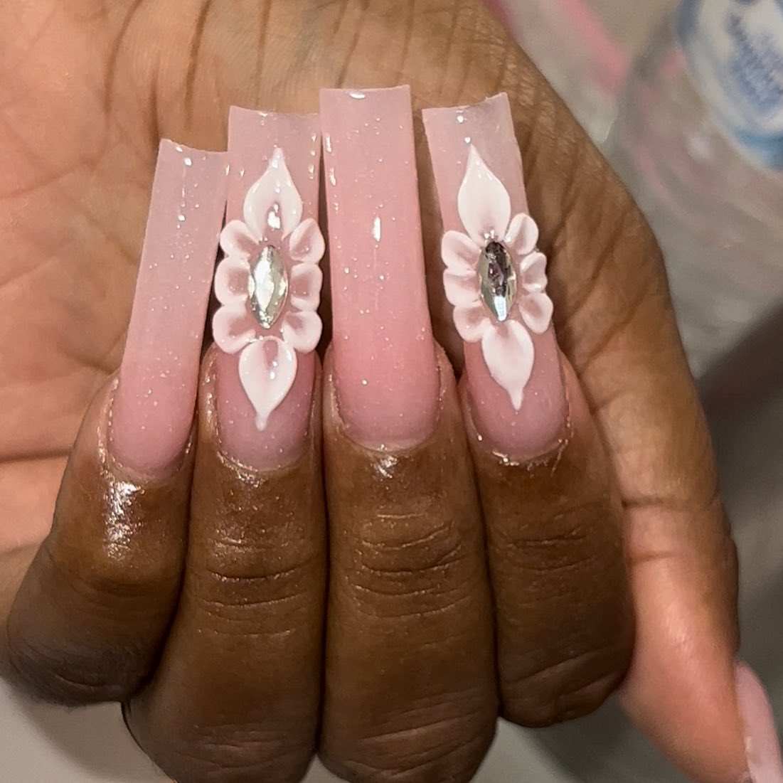 Pink 3D floral acrylic nails